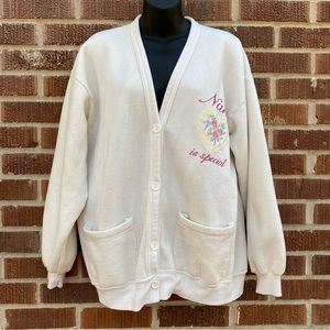 Grandma embroidered buttons pockets cream oversized cardigan Sweater Size 2X